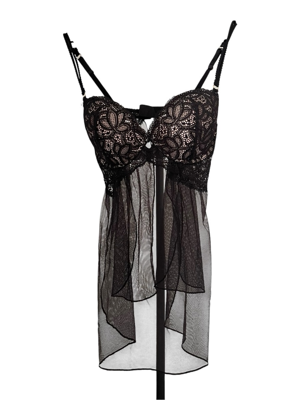 Victoria’s Secret Black Lace Mesh Babydoll Lingerie Chemise 36D Sheer